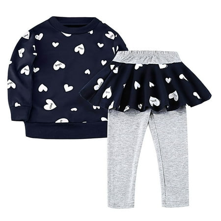 

Little Girls Outfits Clothes Toddler Long Sleeve Heart Print Hoodie Shirts Top + Leggings Kids Baby Clothing Set