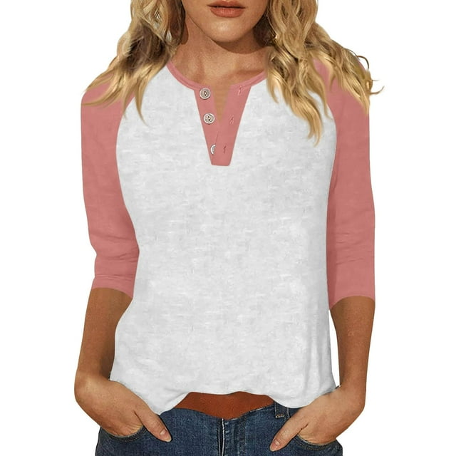ManxiVoo Haut Décontracté pour Femmes Col en V Manches 3/4 avec Boutons et Manches Raglan pour l'Été Taille TTG Rose
