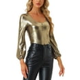 thumbnail image 4 of INSPIRE CHIC Women's Metallic Shimmer Glitter Bishop Sleeve Scoop Neck Party Top Shirt XS Gold, 4 of 6