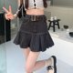 thumbnail image 5 of Falda corta de mezclilla para mujer, cinturón, línea A, cintura alta, dobladillo con volantes, falda corta plisada de moda, negro, gris, M, 5 of 8