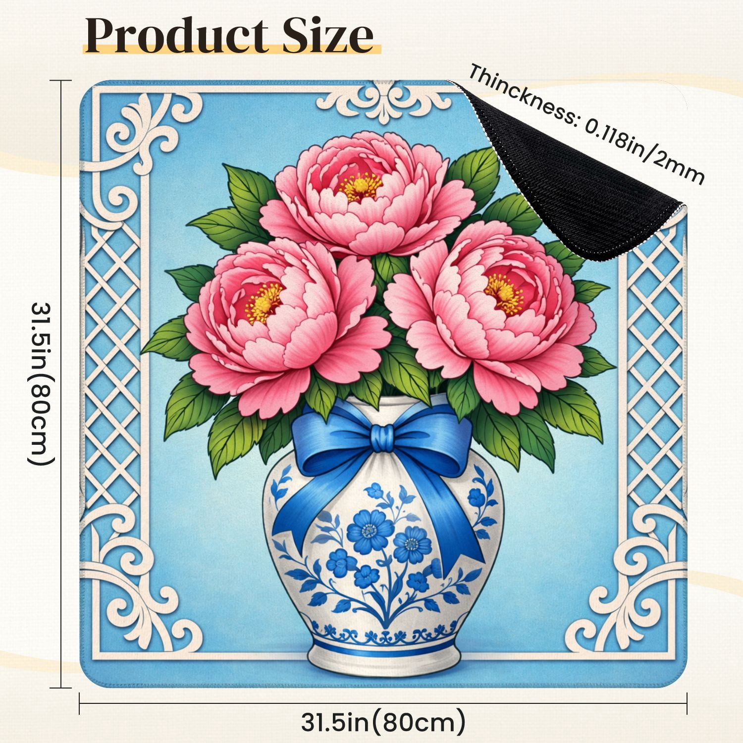Mahjong Mat 31.5" x 31.5" Pink Peony Bouquet Blue White Vase Ribbon Floral Non-Slip Noise Reduction Mahjong Tiles Table Cover for Dominoes Poker Card Board and Tile Games