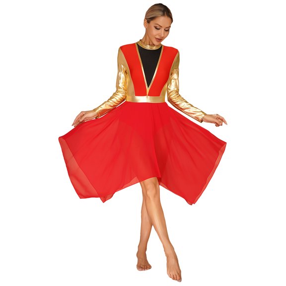 TiaoBug Womens Liturgical Worship Praise Dance Dress Long Sleeve Metallic Color Patchwork Irregular Hem Dresses Red S