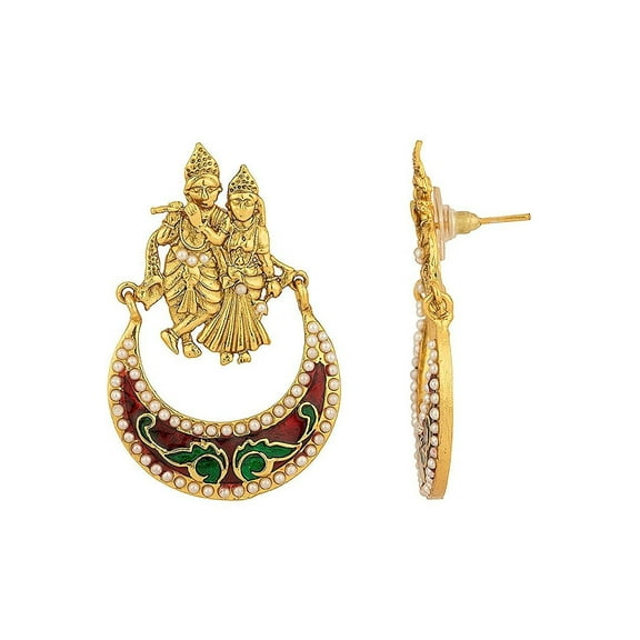 Crunchy Fashion Handcrafted Traditional Wedding Wear Pearl Meenakari Radha Krishna Earrings Indian Ethnic Fashion Jewelry Set for Women