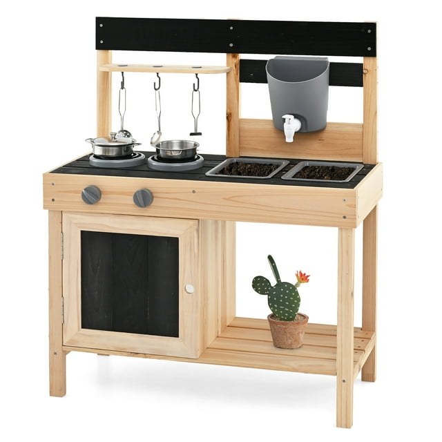 Gymax Cuisine de Boue pour Enfants, Ensemble de Jeu Extérieur, Cuisine de Jeu d'Imitation avec 2 Éviers Amovibles et Robinet, Naturel