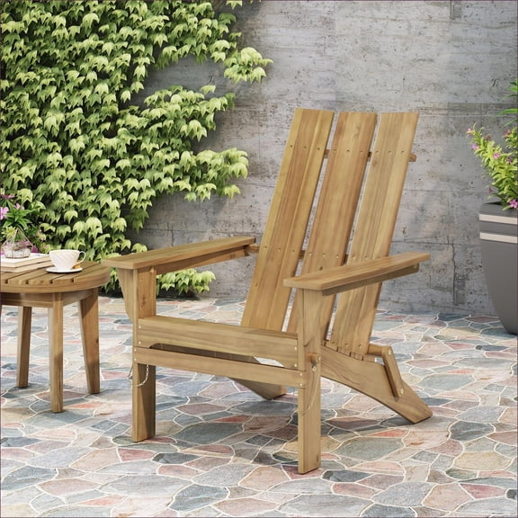 Outdoor Folding Adirondack Chair | Rustic Modern, Solid Acacia Wood, For Patio Deck Poolside | Natural | Wood