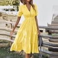 thumbnail image 2 of SnnmBlm Women's Summer Ruffle Puff Sleeve Dress Short Sleeve V Neck High Waist Casual Loose Striped Midi Dresses Yellow M, 2 of 5