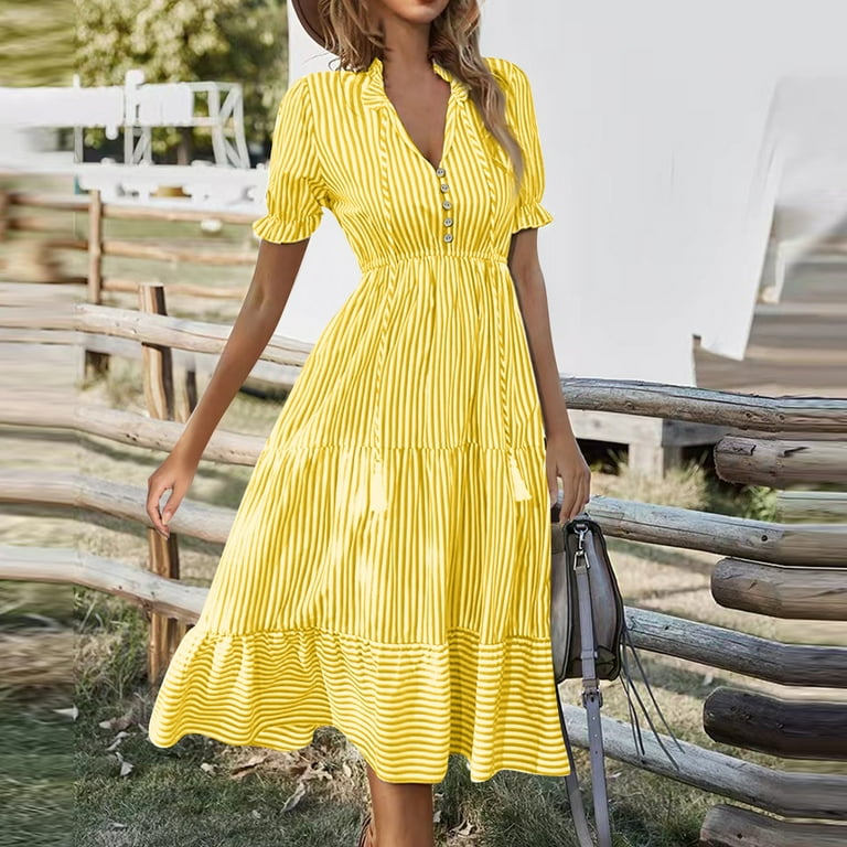 SnnmBlm Women's Summer Ruffle Puff Sleeve Dress Short Sleeve V Neck High  Waist Casual Loose Striped Midi Dresses Yellow L - Walmart.com