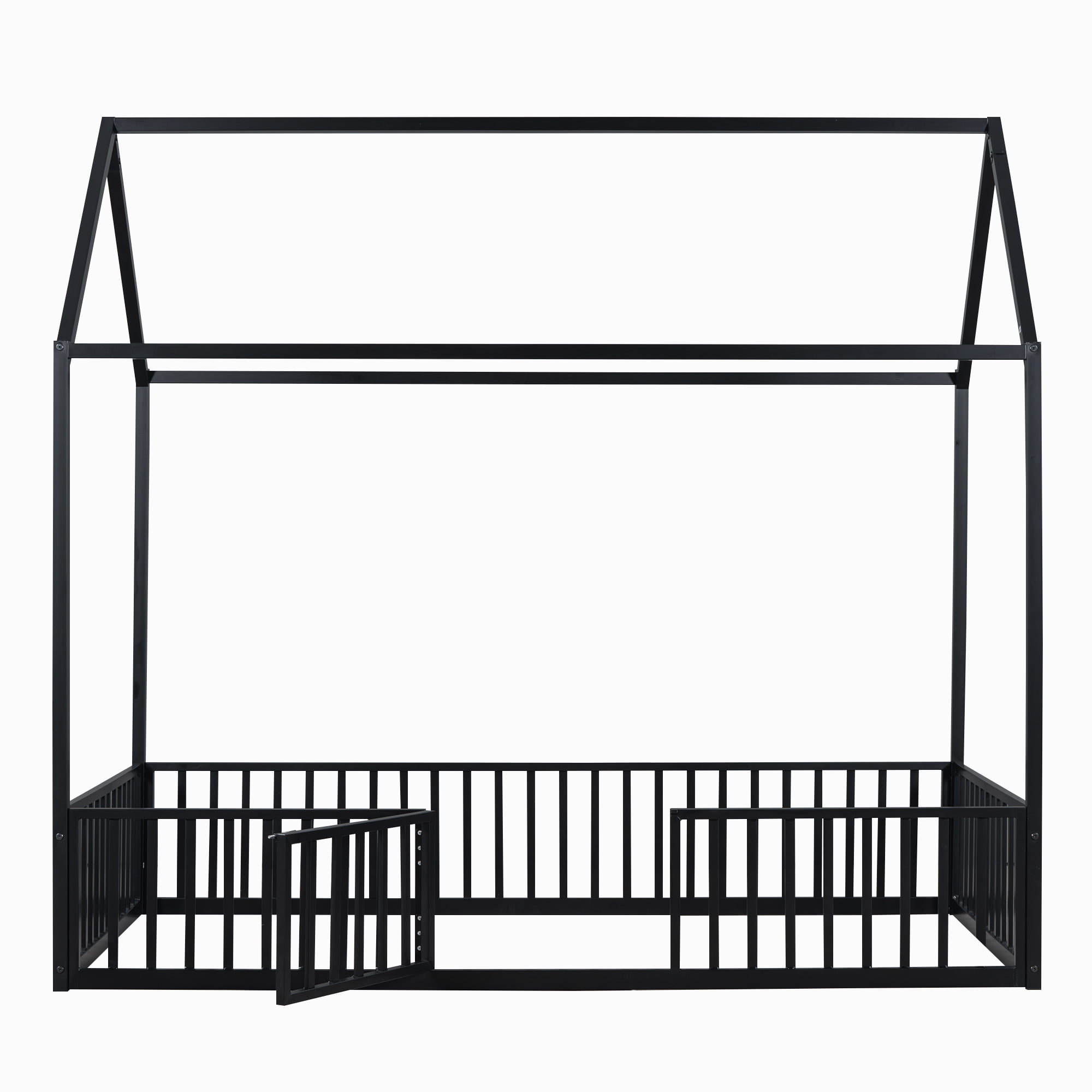 MODERNLUXE Twin Size Platform Bed Frame, House Floor Bed with Fence and Door, Black