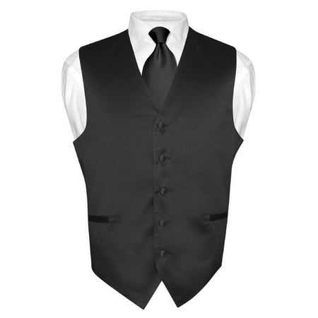 Men's Dress Vest & NeckTie Solid BLACK Color Neck Tie Set for Suit or (Best Tie For Black Suit)