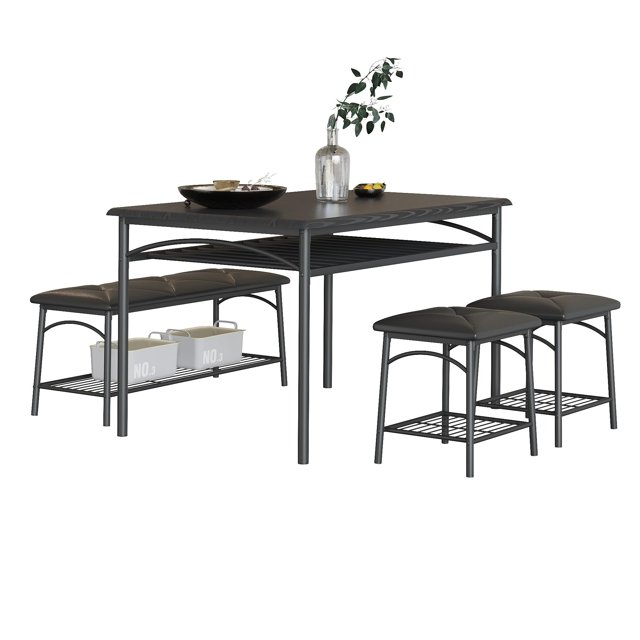 GloryStar 4-Piece Dining Table Set, Kitchen Table with Upholstered Bench & Two Square Stools, Modern Dining Room Furniture