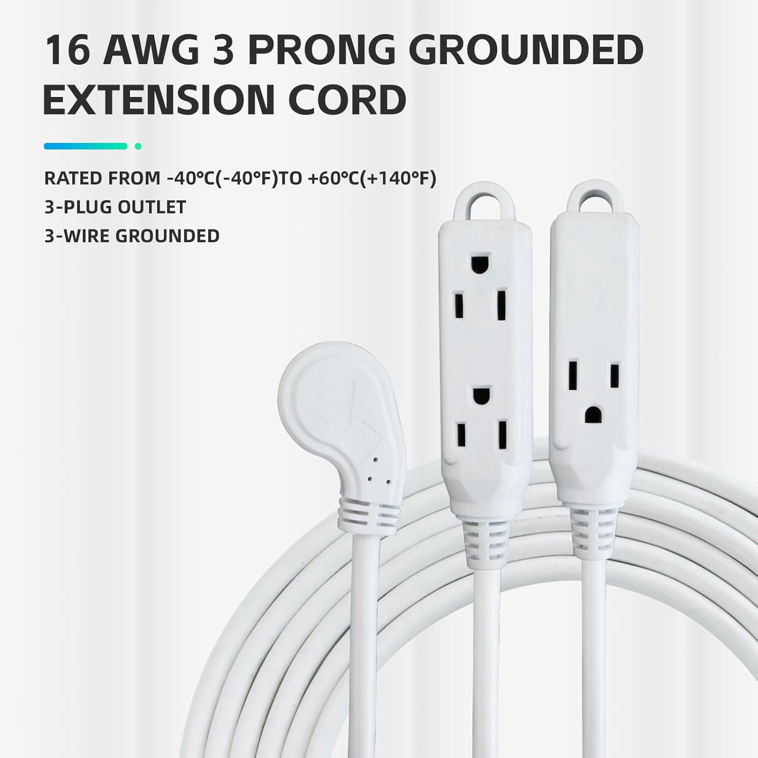 Low Profile 15 Ft Flat Plug Extension Cord - 16 AWG 3 Prong Grounded Cable with 3 Outlets, Perfect for Indoor Use, White, UL Listed