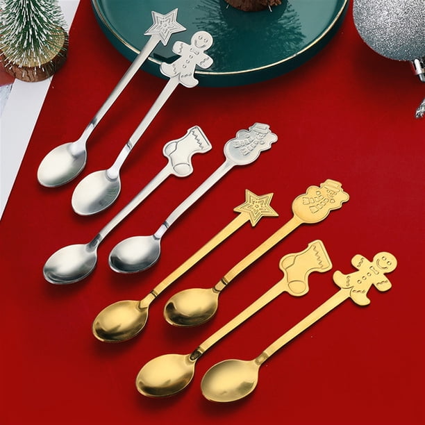4 Piezas Cucharas de Postre Cucharas de Sopa Navideñas de Acero Inoxidable Cucharas Redondas de Caldo Cubiertos con Caja Perfecto for Fiestas de Café y Utensilios de Cocina Diarios