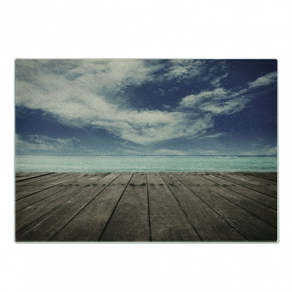 Dock Cutting Board, Cloud Ocean Beach from Pier in the Middle of Nowhere Calm Harbour Landscape, Decorative Tempered Glass Cutting and Serving Board, in 3 Sizes, by Ambesonne