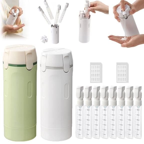 4-in-1 Travel Dispenser Bottle,4-in-1 Refillable Travel Dispenser Bottles for Toiletries,Portable Leak Proof Pump Toiletry Containers with Scale and Label,for Shampoo Lotion Conditioner Cream