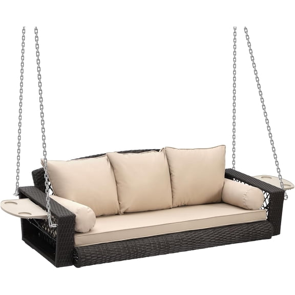 Haverchair 3 Person Porch Swing Patio Wicker Hanging Porch Swing Chair Outdoor Rattan Swing Bench with Cushion and Pillow for Garden, Yard, Lawn, Brown Rattan Khaki Cushion