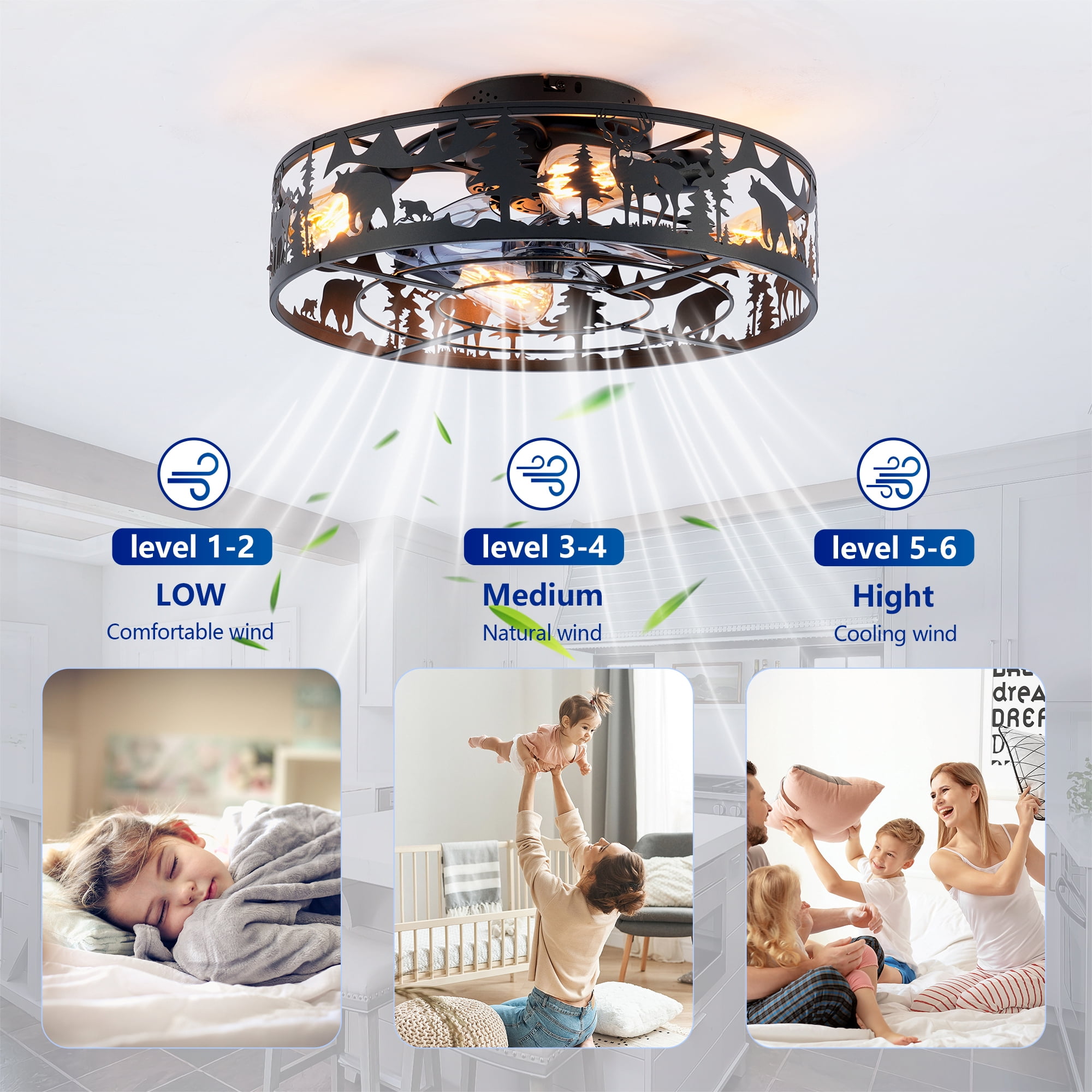 Leumius 20" Black Caged Ceiling Fans with Lights and Remote, Flush Mount Caged Ceiling Fan 6 Speed Reversible with Remote Control for Living Room Bedroom Dining Room (NOT Included Bulbs)