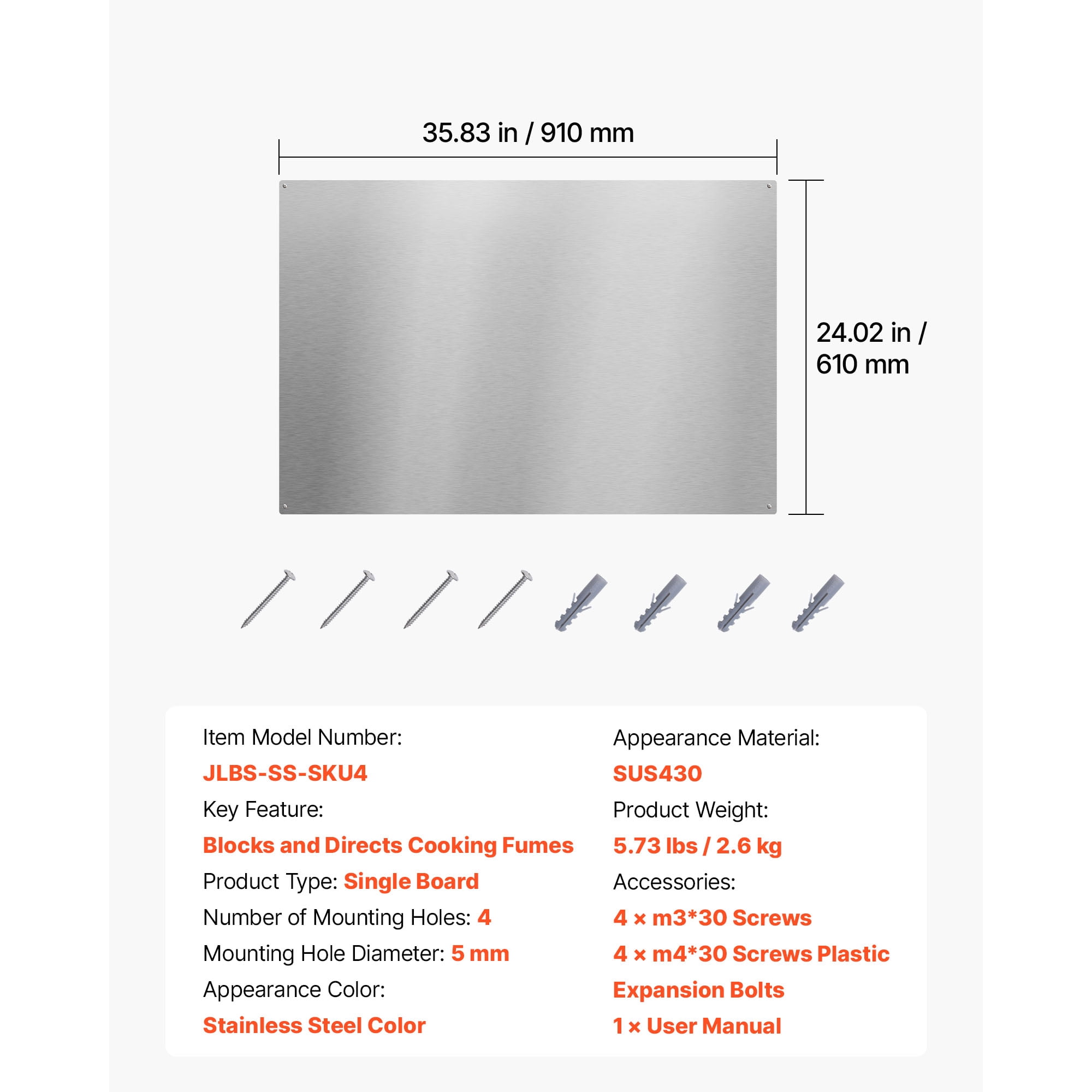 KFFKFF 36" x 24" Stainless Steel Stove Backsplash, Smooth Surface Splatter Guard,Wall Protector for Range Hood, Easy-to-Clean Kitchen Metal Panel with Pre-Drilled Holes for Simple Installation,Silver