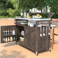 thumbnail image 4 of Harper & Bright Designs Outdoor Kitchen Island with Raised Shelf, Solid Wood Storage Cabinet with Stainless Steel Top, Outdoor Rolling Grill Cart with Internal Storage Rack, Brown, 4 of 18