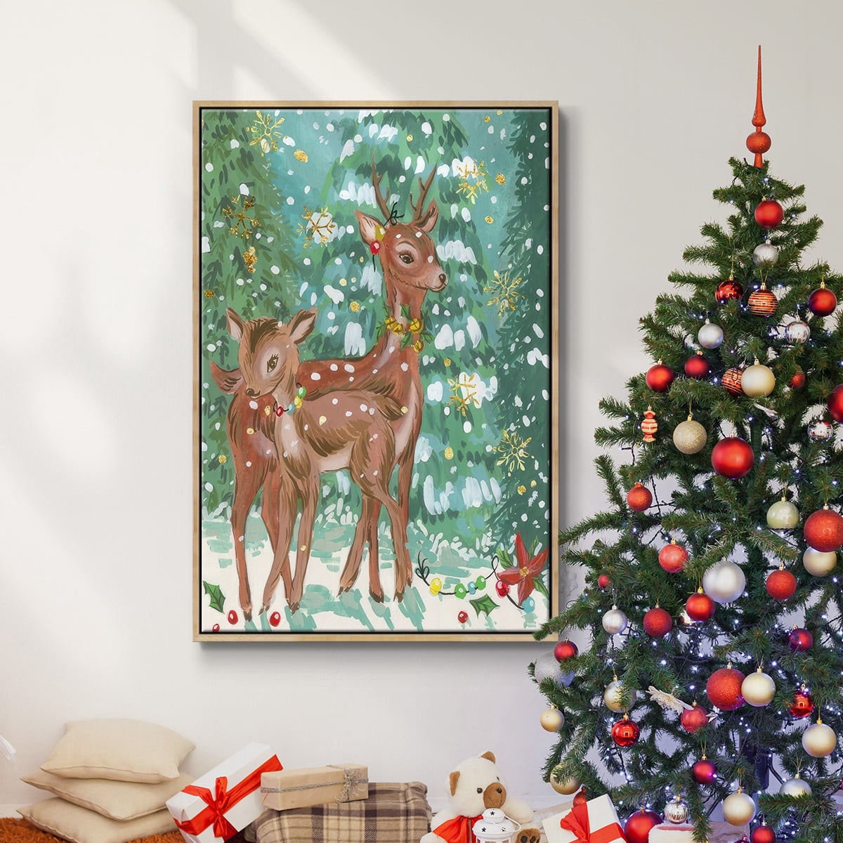 Doe and Fawn II - Framed Gallery Wrapped Holiday Canvas - 17 x 25 - Natural Wood Frame