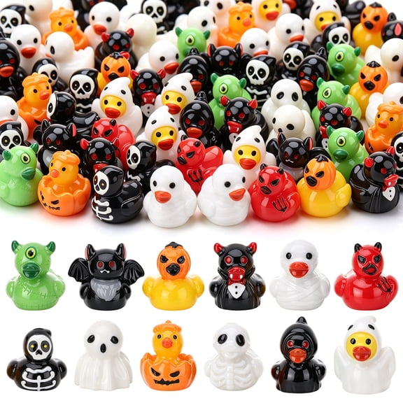 sixwipe 60 Pcs Halloween Mini Resin Ducks, 12 Styles Miniature Resin Ducks Bulk, Skeleton Pumpkin Witch Devil Ghost Tiny Duck Figures for Halloween Party Gift, DIY Craft