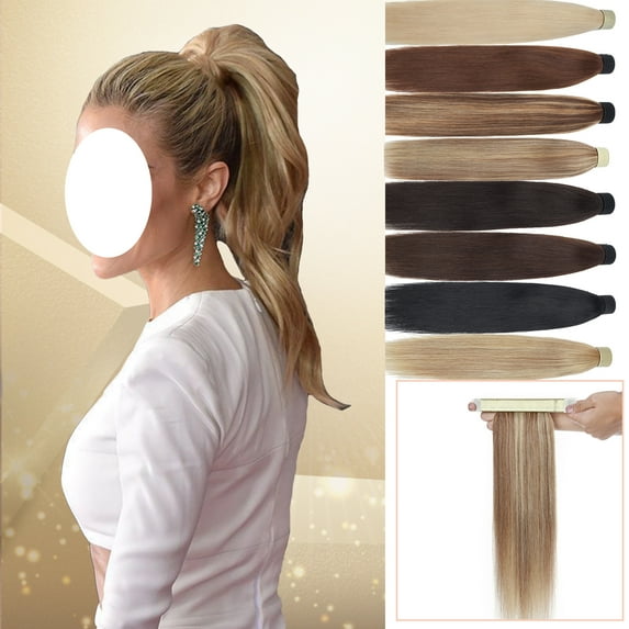 MY-LADY 100% Remy Real Human Hair Ponytail Extension 18Inch Long Straight Hair Extensions Hairpiece Wrap Around PonyTail Magic Paste Ponytail for Women #12P613 Golden Brown & Bleach Blonde