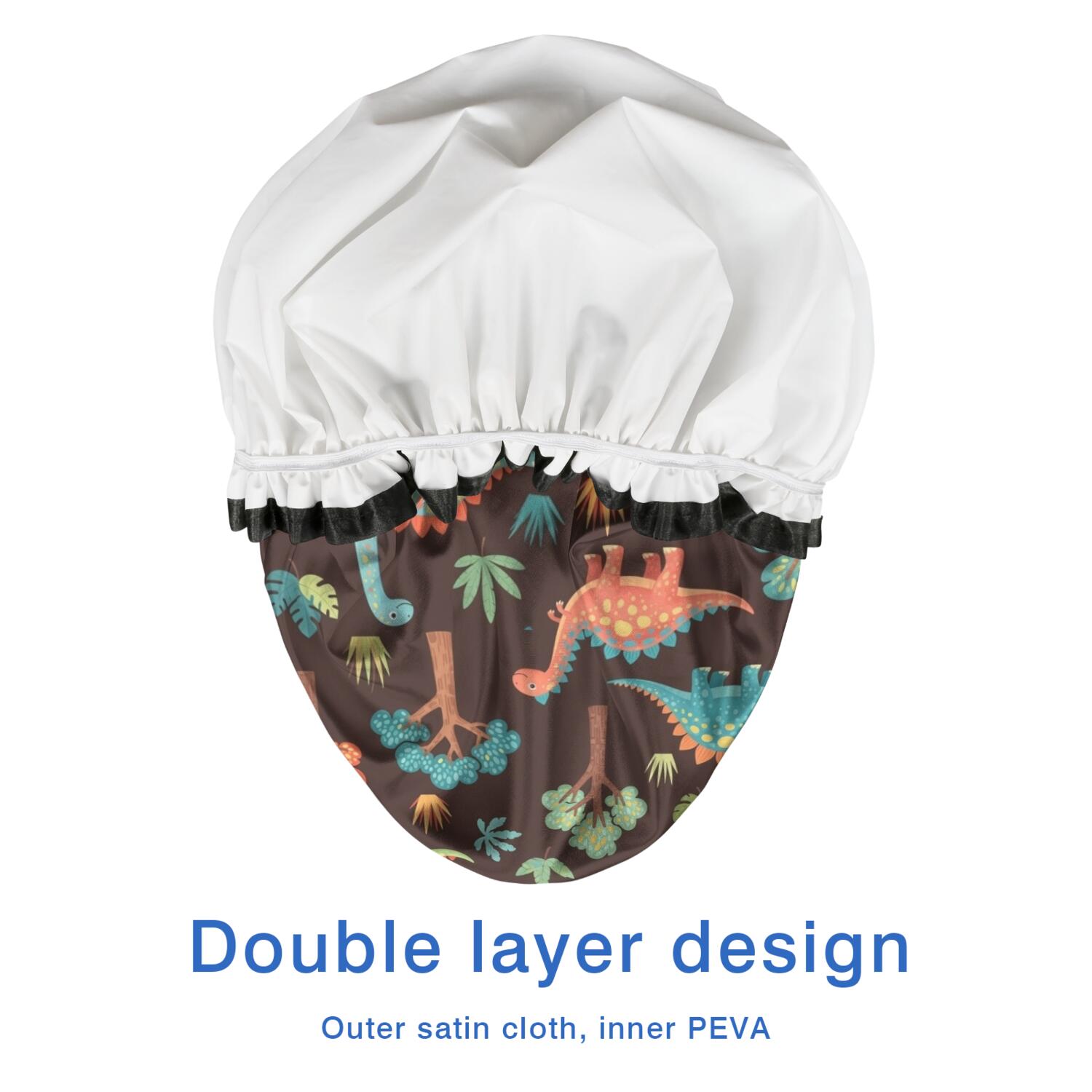 Shower Caps,DarkBrown Cartoon Dinosaurs Forest Pattern Waterproof Shower Cap for Women 4 Pieces,Double Reusable Hair Cover for Shower PEVA Elastic Stretch Hem