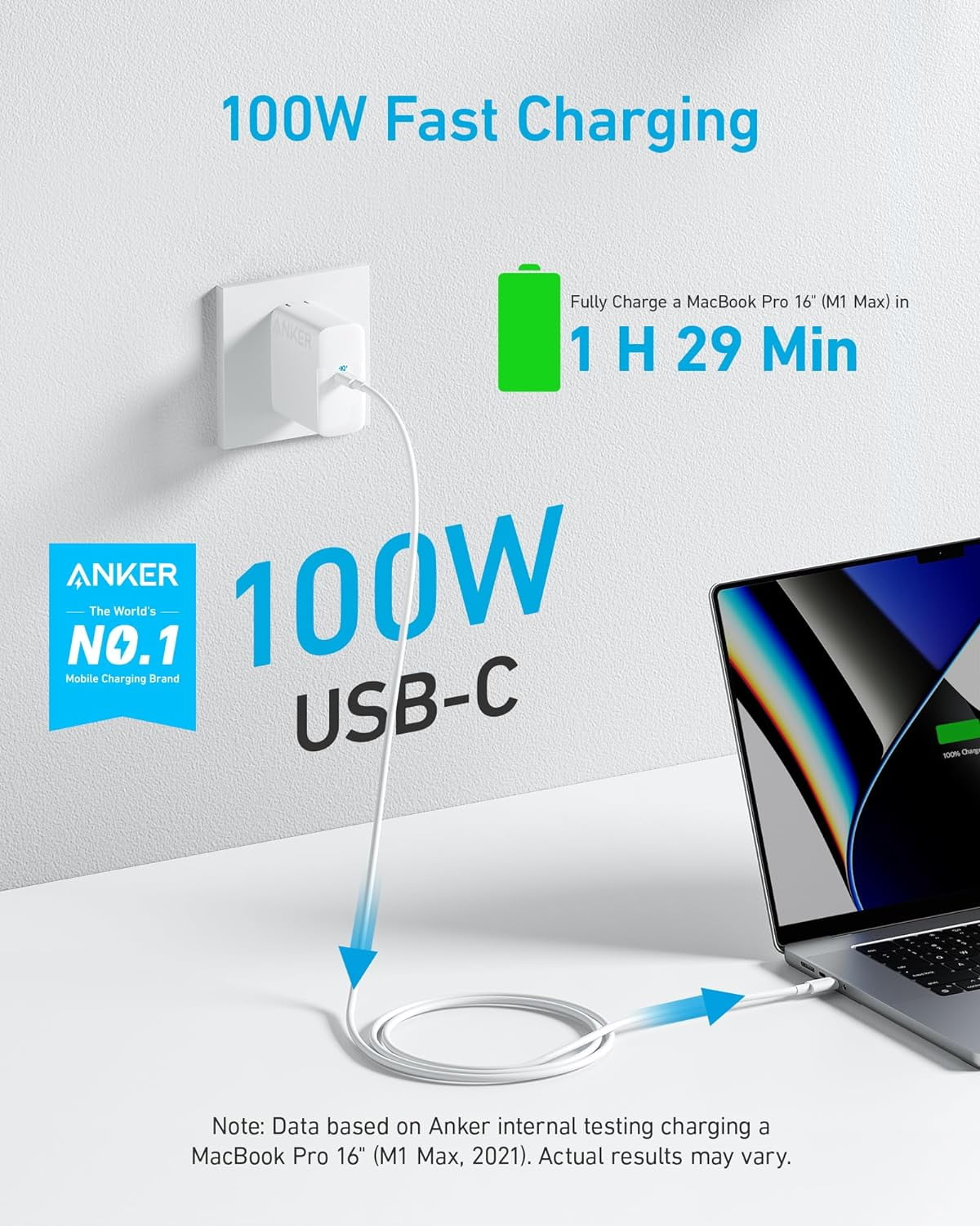 Anker 100W USB C Charger, Compact and Foldable Travel Charger for MacBook Pro, MacBook Air, Samsung Galaxy, iPad Pro, and All USB C Devices, 5 ft USB C to USB C Cable Included
