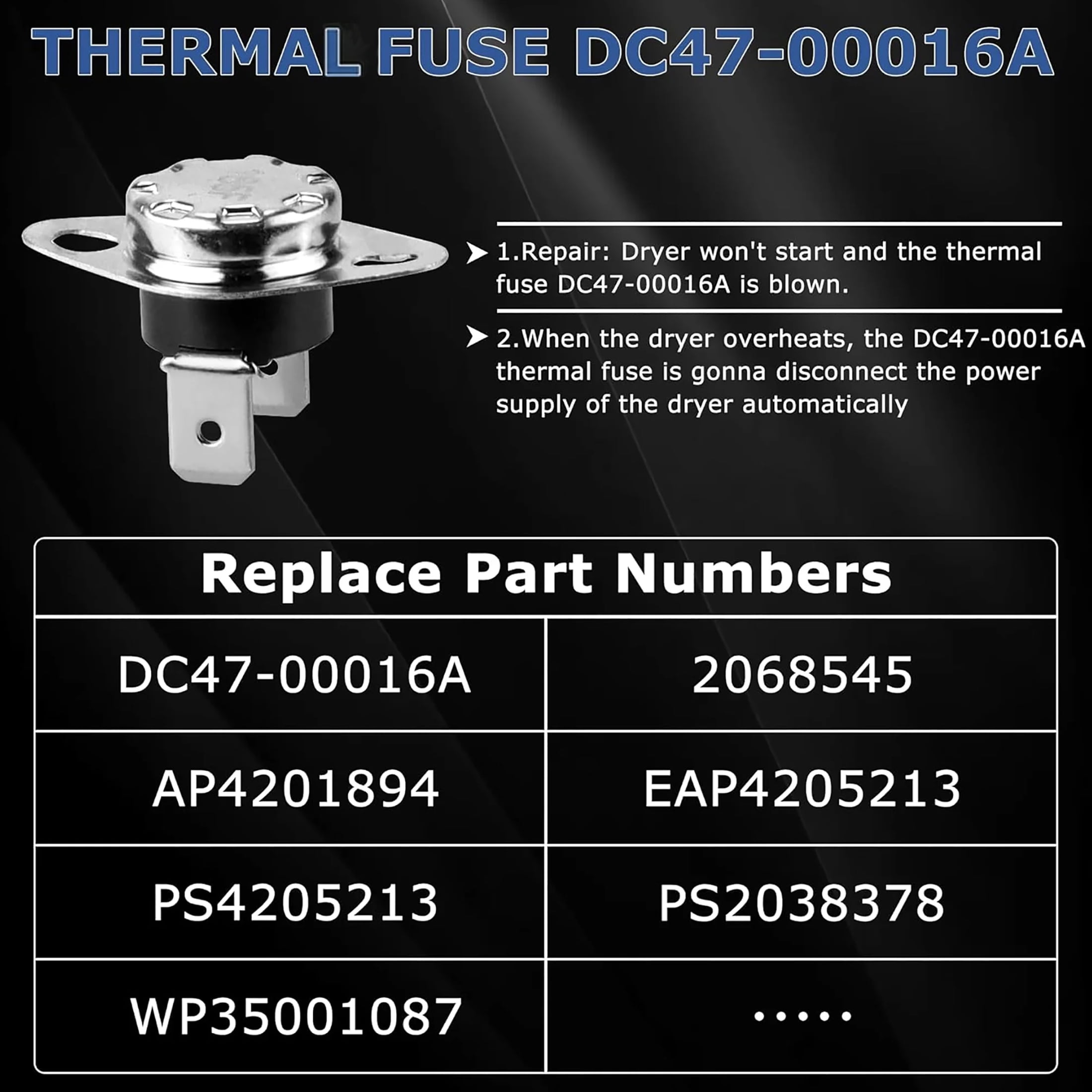 Heating Element DC47-00019A Compatible with Samsung Dryer, dv42h5000ew/a3 dv45h7000ew/a2 Dryer Parts, DC47-00018A Thermostat DC47-00016A DC32-00007A DC96-00887A Thermal Fuse
