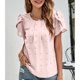 thumbnail image 4 of Camiseta con cuello redondo para mujer, escote plisado, mangas cortas de pétalos, tela jacquard, camiseta informal de verano, color rosa L, 4 of 8
