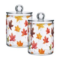 Yayeee 2 Pack Qtip Holder Bathroom Cotton Swab Canister with Lid Clear Dispenser Set, White Autumn Leaves