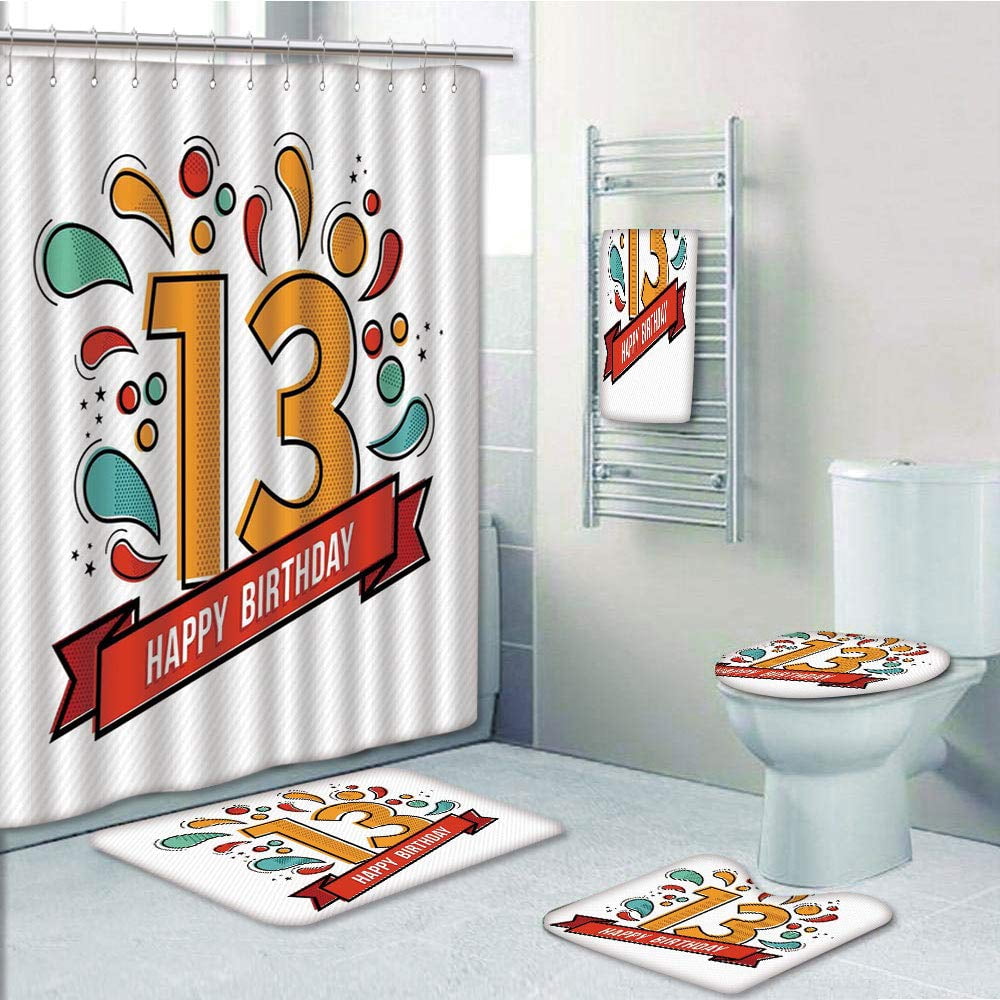 PRTAU 13th Birthday Modern Line Greeting for Thirteen Year Artsy Geometric  5 Piece Bathroom Set Shower Curtain Bath Towel Bath Rug Contour Mat and