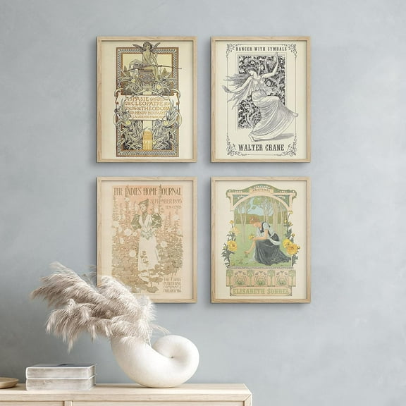 PixonSign Set of 4 Vintage Adhesive Canvas Posters, Framed Wall Art Leyendecker Art Deco Elegant Lady & Floral Tapestry Historic American Prints, Ancient Civilization Wall Décor - 11"x14" Natural