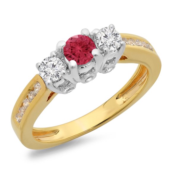 Dazzlingrock Collection 14K Two Tone Gold Round Cut Ruby & White Diamond Ladies 3 Stone Bridal Engagement Ring, Size 9