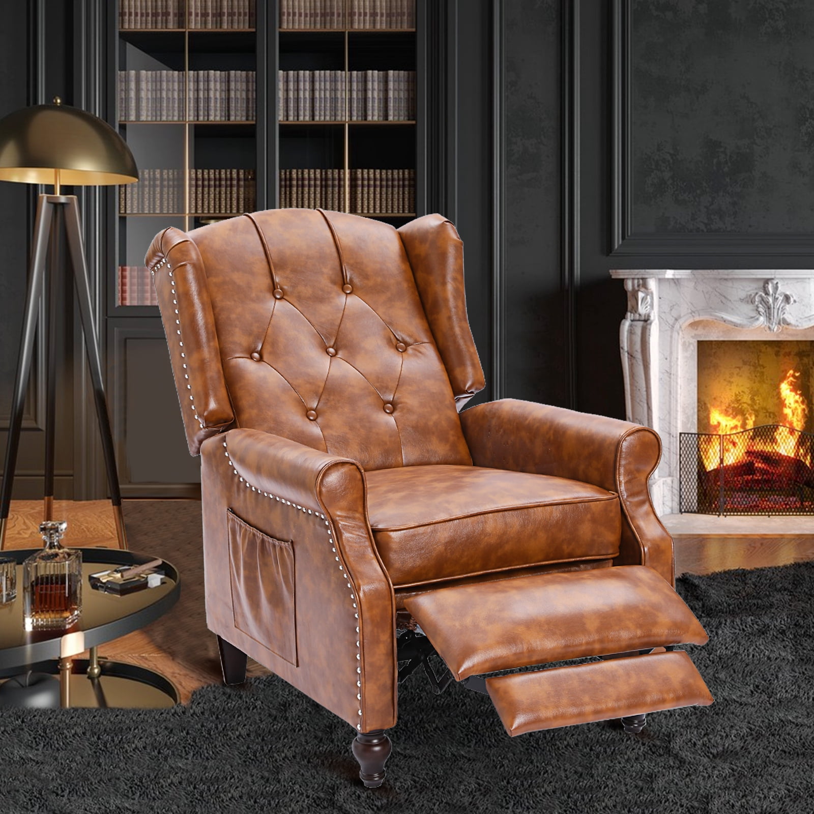 Recliner Wingback Chair - PU Leather Arm Chair Recline Heating Function, Adjustable Backrest,Brown