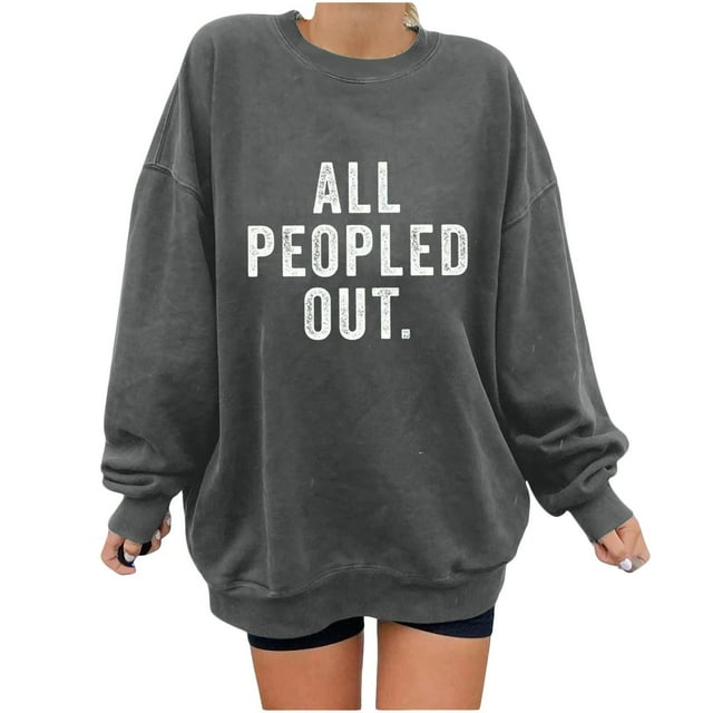 IROINID Reduced Womens Plus Size Tops Long Sleeve Workout Tops for Women Winter Letter Printing Pullover Loose Sweatshirt,Dark Gray