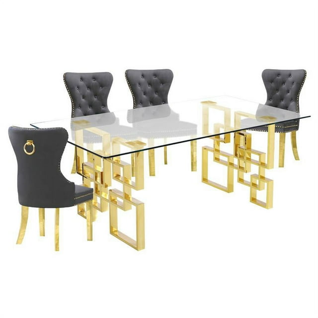 Ensemble de Salle à Manger Rectangulaire en Verre Clair 5pc avec Base en Acier Inoxydable Doré