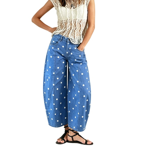 Polka Dot Barrel Jeans for Women Vintage Boyfriend Y2K High Waisted Wide Leg Denim Pants for Fall Blue M