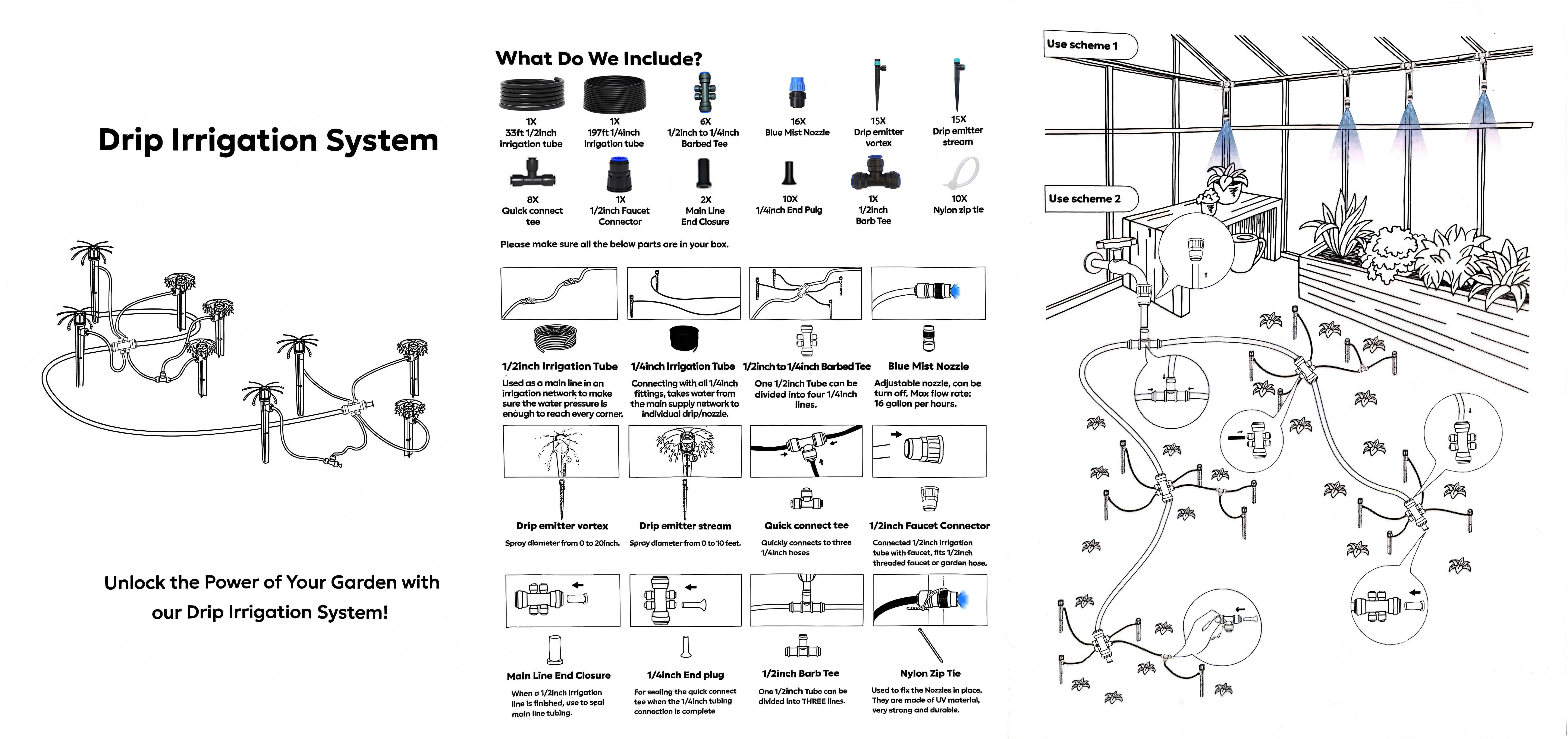 TERRALYX 230ft Drip Irrigation System with Quick-Connect,33ft 1/2" Mainline 197ft 1/4" Tubing Drip Irrigation Kit and 3 Nozzle Types Irrigation System for Garden,Flower Bed,Raised Bed,Greenhouse