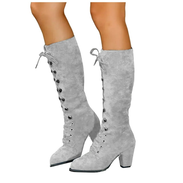Dakaela Knee High Boots Women Suede Lace up Motorcycle Riding Boot Winter Combat Dress Long Tall Boots