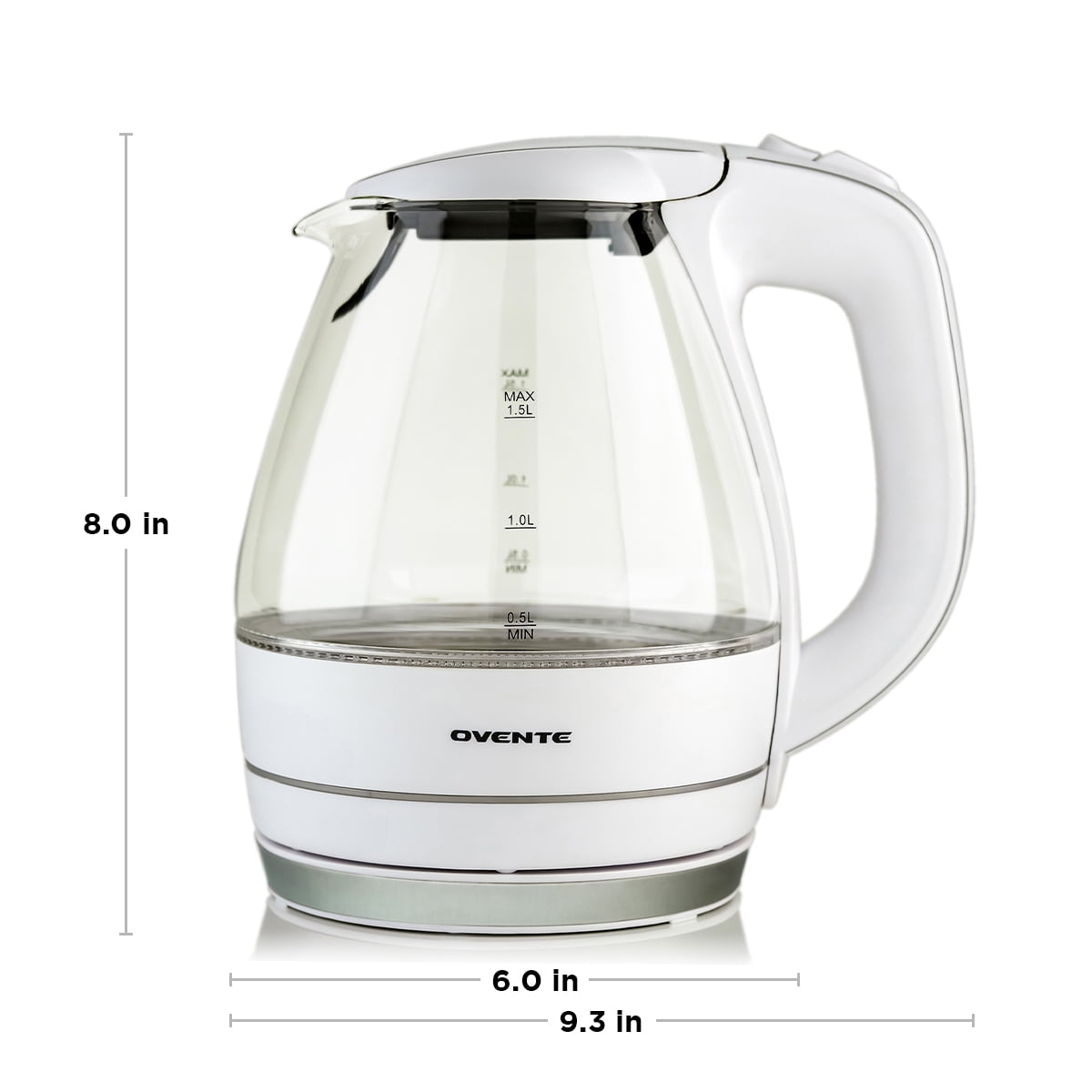 Ovente Electric Hot Water Portable Glass Kettle with Filter 1.5 Liter Stainless Steel Base Countertop Teapot & Auto Shutoff BPA-Free Fast Heating, Boil Dry Protection, Brew Coffee & Tea, White KG83W