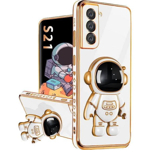 For Samsung Galaxy S21 Case with Astronaut Stand, Women Girls Galaxy S21 Cases, Girly Cute 6D Outer Space Heart Pattern Phone Cover for S21 6.2 Inch