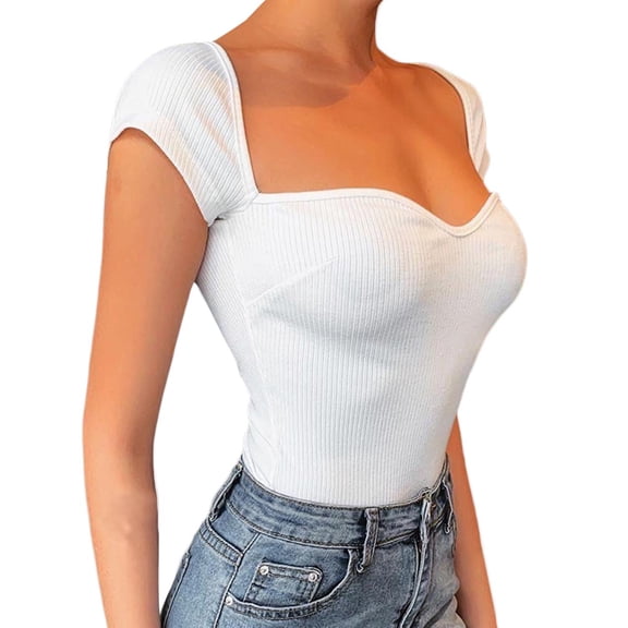 XXXITICAT Women's Summer Short Sleeve Knitted Top Tight Square Neck Bustier Shirt(WH,M)