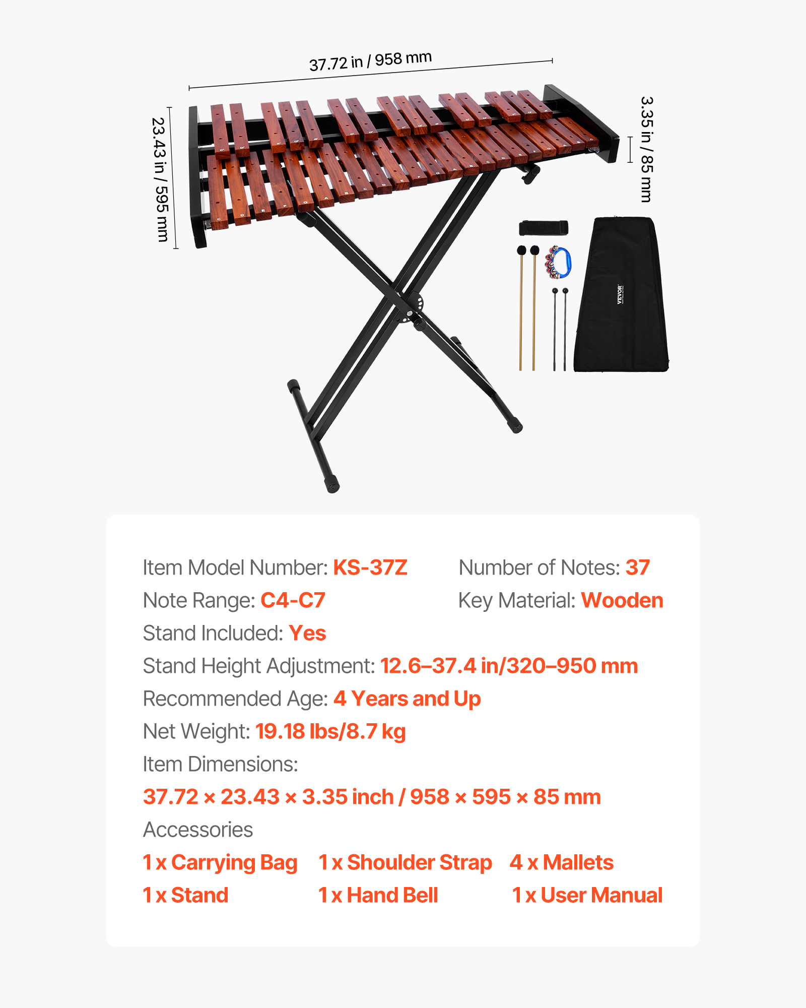 VEVOR Glockenspiel Xylophone,37 Notes, Wooden Professional Xylophone Percussion Instrument, with Height Adjustable Stand, 4 Mallets, Carrying Bag, Beginner Musical Instrument Kit for Adults and Kids
