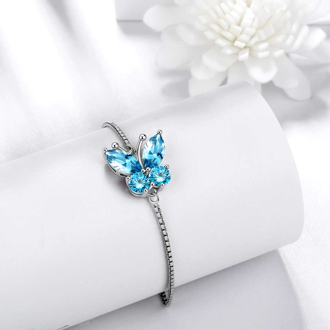 March Birthstone Bracelets Blue Butterfly Bracelet Aquamarine Crystal 925 Sterling Silver Jewelry Women Birthday Xmas Mother's Day Gift