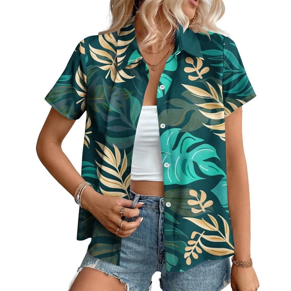 Qulqfy Fashion Womens Shirts Casual Hawaiian Print Short Sleeve Drop Shoulder Turn Down Collar Button Womens Tops Summer