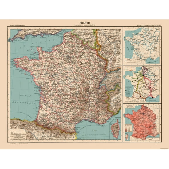Historic Map - France Political - Schrader 1908 - 29.84 x 23 - Vintage Wall Art
