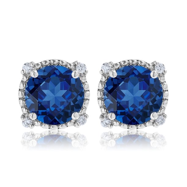 JeenMata Pendientes de Zafiro Azul de Talla Redonda de 3,5 Quilates, Piedra Natal de Septiembre, con Halo Milgrain en Oro Blanco de 18 K sobre Plata