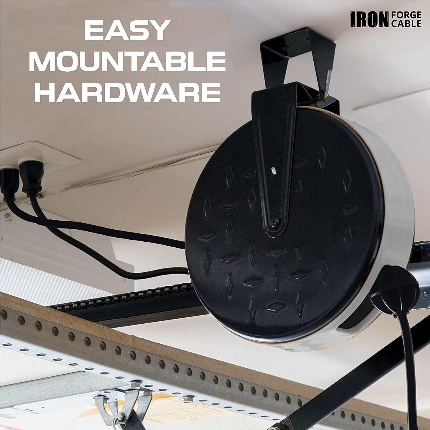 Iron Forge Cable 30Ft Retractable Extension Cord Reel with Breaker Switch & 3 Electrical Power Outlets - 16/3 SJTW Durable Black Cable - Perfect for Hanging from Your Garage Ceiling