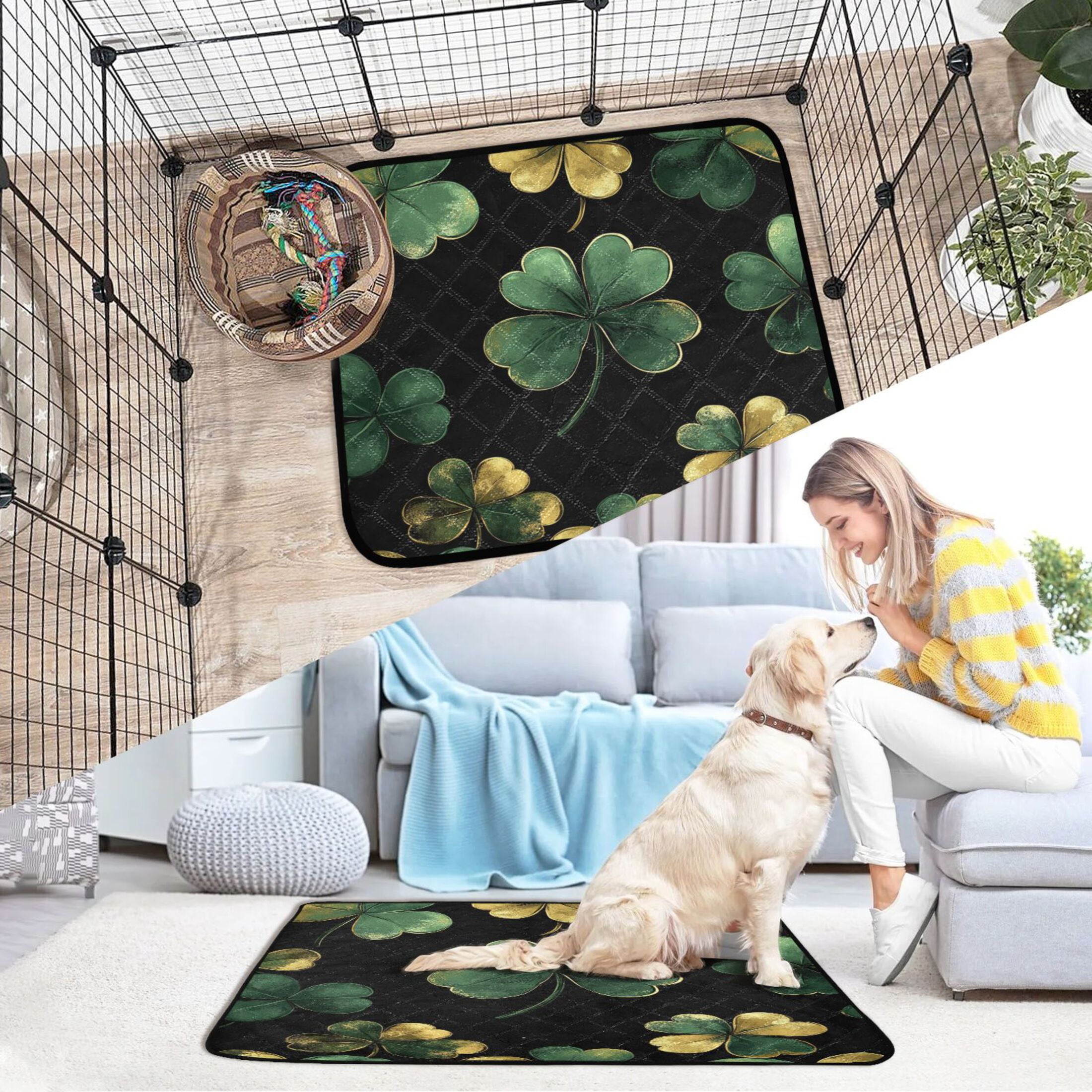 Qxltty Stpatricks Day Four Leaf Clover Cat litter Pads Pet Set of 3 Diaper Mats Center Anti-leakage Layer Absorbent Soft and Comfortable