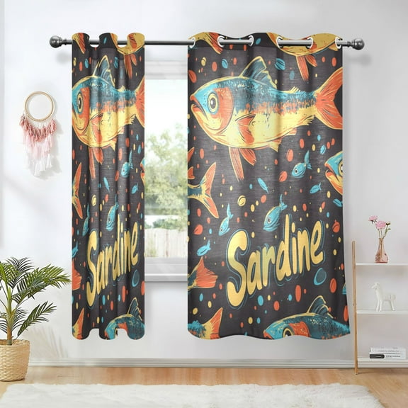 Yayeee Window Curtains Set of 2 for Living Room Light Filtering 63"x42", Black Sardines Pattern